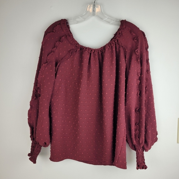 Max Studio burgundy boho blouse puffy ruffled sleeves gathered cuffs dots NWT S - Picture 2 of 12
